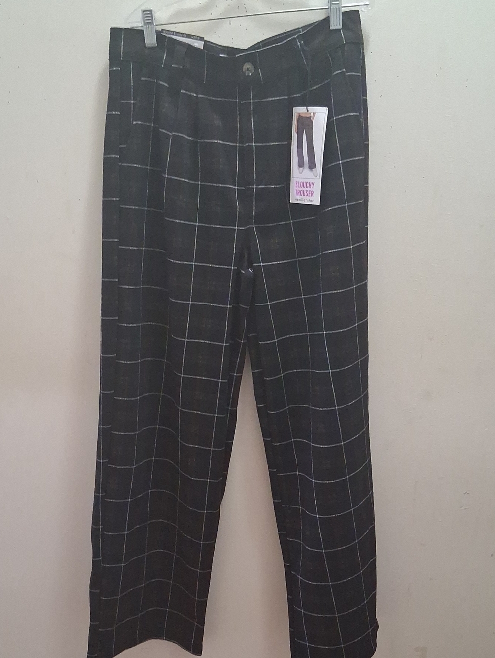 NWT Women Vanilla Star Black Windowpane Slouch Trousers Size 9.